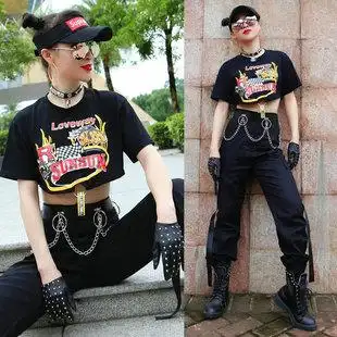 裤嘻哈女上衣高腰跳舞衣服爵士街舞工装团队演出服装韩潮宽松短袖