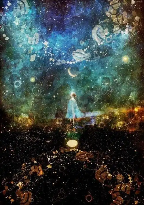 画师katsuo的星空少女,好美!喜欢这种梦幻的感觉!