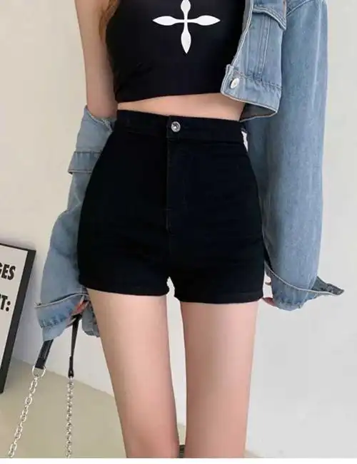 美式高腰牛仔短裤女黑色夏季薄款a字遮肚子收腹紧身显瘦弹力包臀 - 17