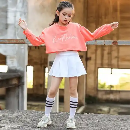 儿童爵士舞服装女孩街舞套装女童长袖露脐嘻哈儿童演出服