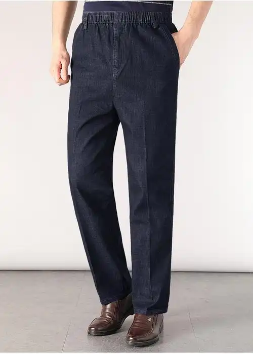 老人裤子男爸爸秋款牛仔裤中老年男士休闲拉链男裤老人爷爷宽松50岁