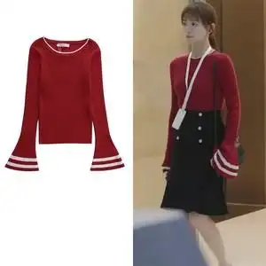 正青春吴谨言章小鱼同款酒红色毛衣女喇叭袖套头圆领修身针织女衫
