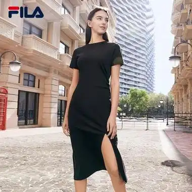 fila 斐乐 连衣裙女2024夏季新款时尚休闲简约开衩修身t恤裙长裙子