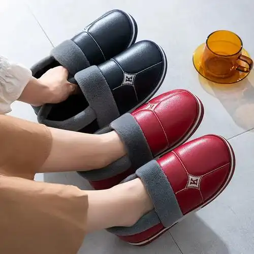 大码棉拖鞋刺绣男皮面包跟居家用女室内厚底情侣外穿拖鞋冬季