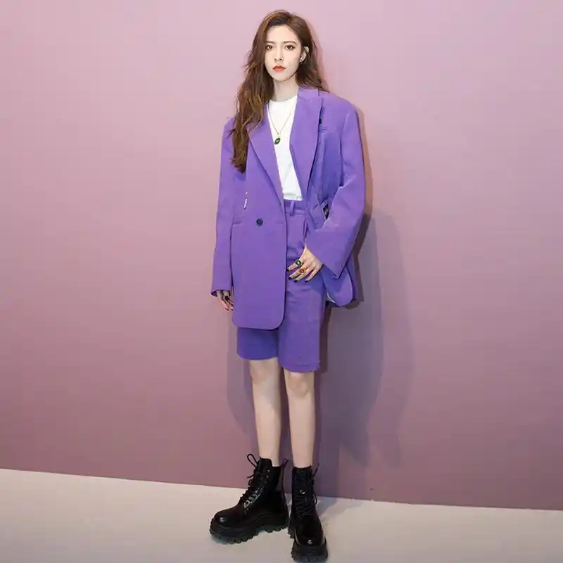2019秋装新款明星杨幂同款紫色灯芯绒西装宽松外套紧身短裤套装