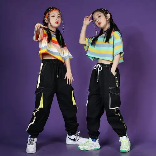 女童爵士舞套装韩版女孩露脐衣服条纹短袖洋气儿童嘻哈街舞表演服