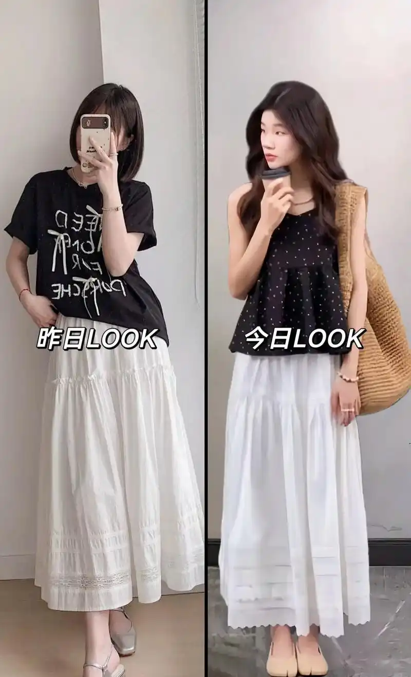 穿搭的尽头是极简～ 复古波点小衫搭配温柔白色半身裙的搭配