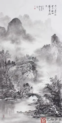 【已售】水墨山水画 云浩写意四尺竖幅《拂袖岚光翠欲流》-写意山水画