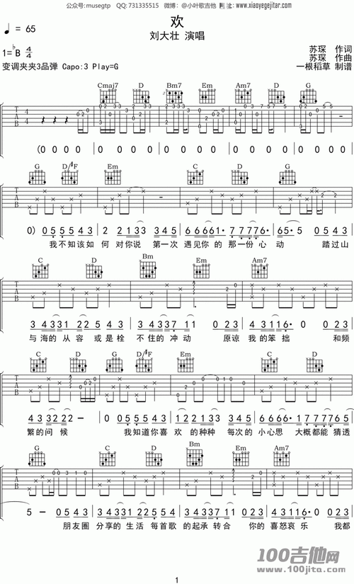 《欢》吉他谱_刘大壮_g调伴奏弹唱谱曲谱图片第1张