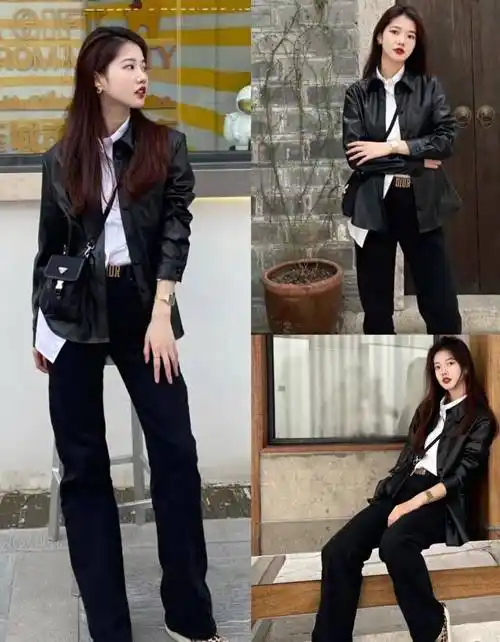 原创女生春季穿黑皮衣太帅了几组穿搭方式值得借鉴谢谢有被飒到