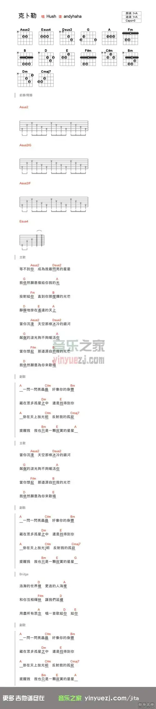 a调 孙燕姿《克卜勒》吉他和弦弹唱谱_吉他谱_简谱_尤克里里_吉他谱