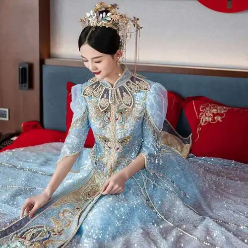 冰蓝色女神秀禾服新娘2022新款敬酒服中式新娘服蓝色婚纱结婚礼服