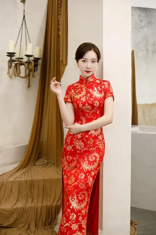 上海旗袍厂gx时尚改良织锦缎长款旗袍2019秋冬新款复古女士新娘红装