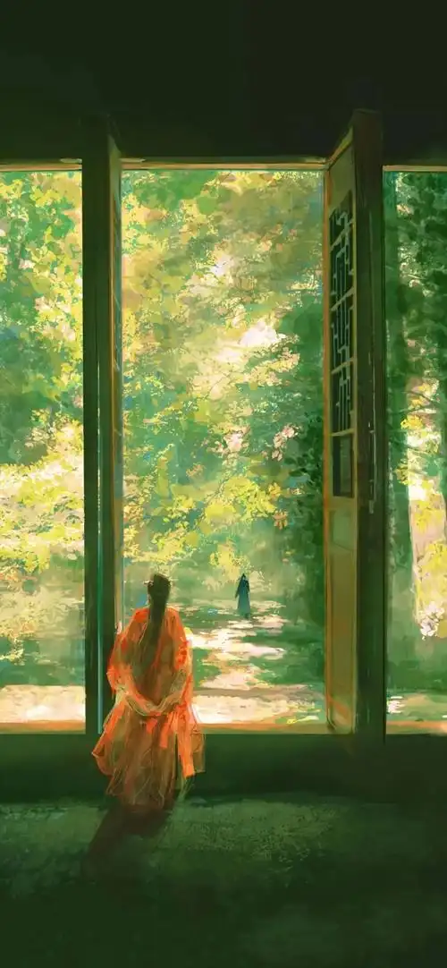治愈系古风山水人物插画系列壁纸98绿色意境#壁纸##手机壁纸##风景