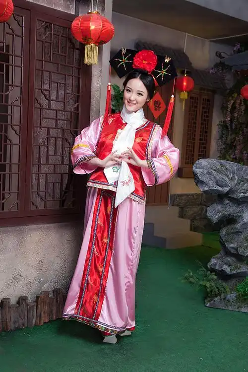 艺术写真格格演出服古装清格服满族宫廷格格装古装 蓝色马甲红色长衫