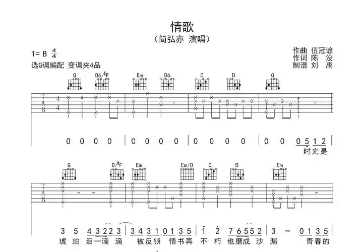 情歌吉他谱_简弘亦_g调弹唱吉他谱78%原版 - 吉他世界