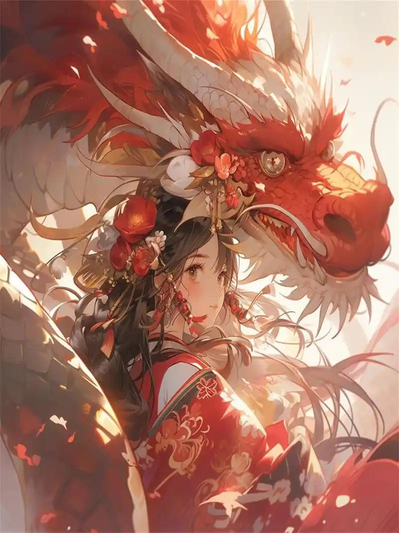 少女与龙  关键词:中国古风插画,帅气的中国女孩穿着中国服装,背景是