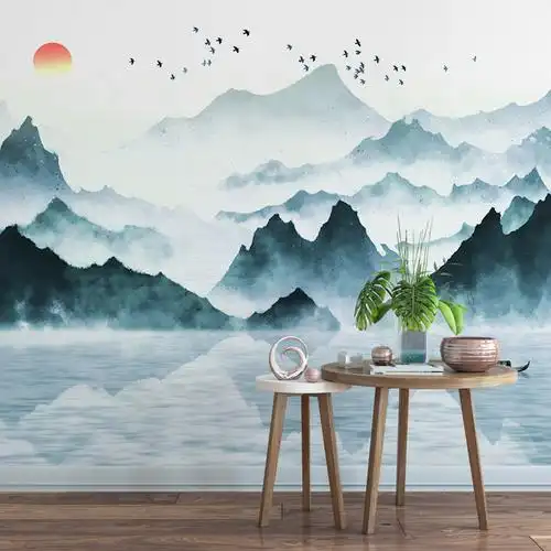 新中式现代电视背景墙壁纸水墨山水国画客厅酒店装饰壁画影视墙布