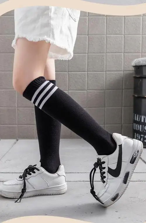 militu学生袜春秋季白袜校服白色棉过膝长筒袜儿童袜子中筒袜高筒黑底