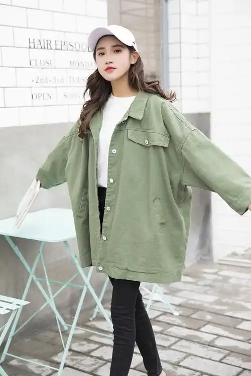 大货实拍2018春装新款女装韩版宽松休闲牛仔内衬格子风衣外套现货