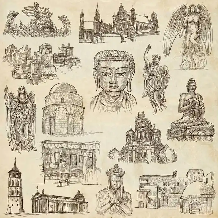 手绘集合世界各地的宗教