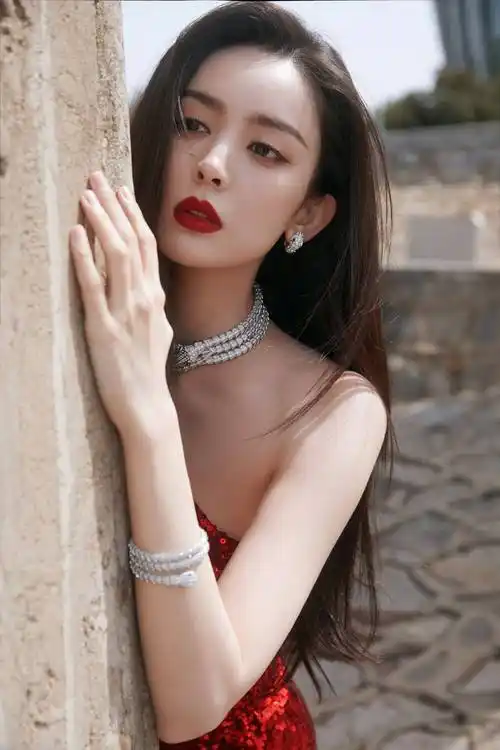 古力娜扎一字斜肩亮闪红色连衣裙写真_造型_大片_身材