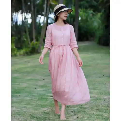 十五家2021新款苎麻连衣裙纯色轻薄飘逸大摆圆领夏季高端棉麻女装