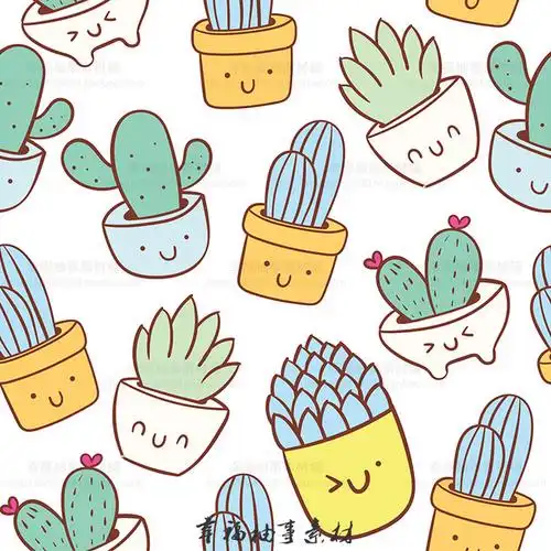 可爱卡通手绘简笔画多肉仙人掌盆栽平铺背景家纺包装印刷设计素材淘宝