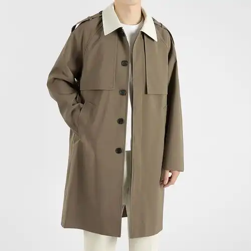 男士翻领拼接撞色中长款风衣 2024春秋季韩版休闲宽松老钱风外套