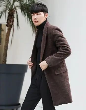 男生中长款风衣外套韩版潮流男士2018新款帅气修身休闲外套男 咖啡色