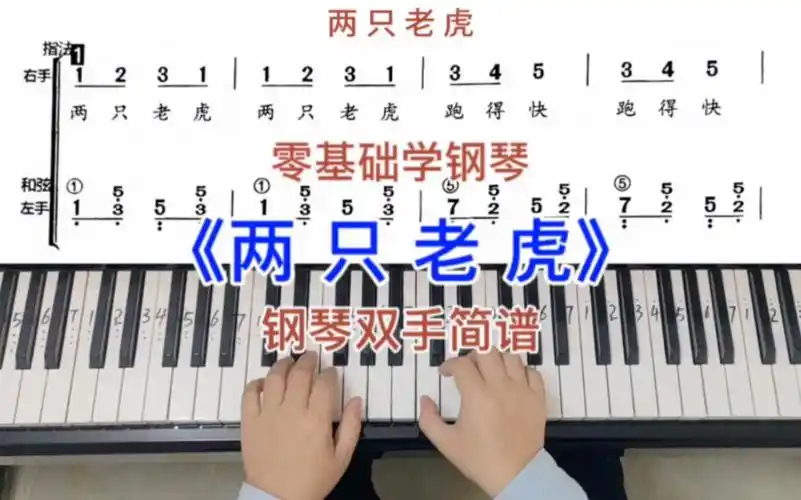零基础学钢琴《两只老虎》,经典儿歌钢琴双手弹奏,简谱教学.