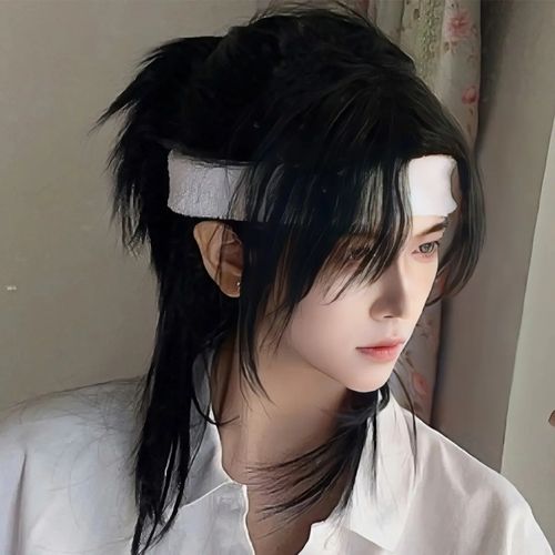 武士假男发酷帅半扎狼尾鲻鱼头自然可斜可齐刘海日系穿搭碎盖整顶