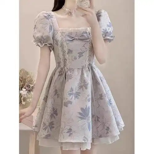 新款法式在逃公主蓝色提花蓬蓬裙连衣裙韩版春夏仙女超仙森系裙子