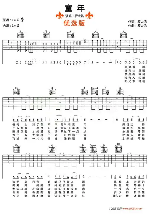 《童年》吉他谱_g调_罗大佑_吉他弹唱谱原版1