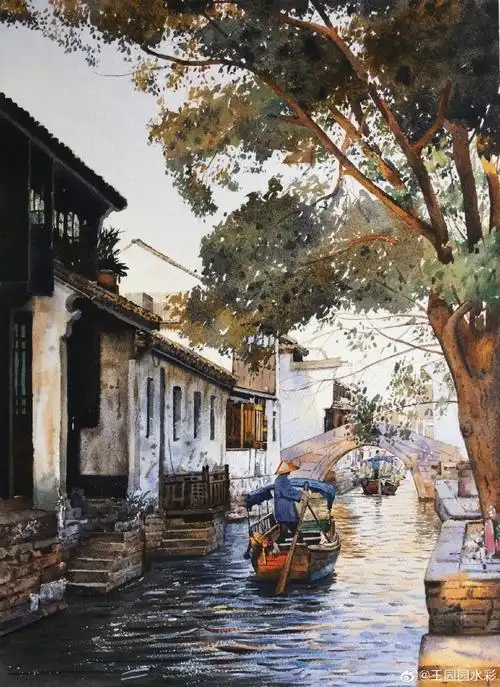 水彩超话王园园水彩画,江南水乡#水彩##王园园水彩
