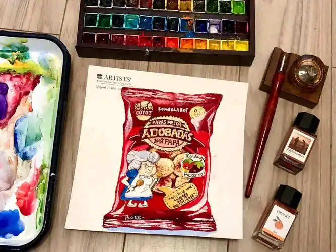 水彩画零食过程钢笔淡彩插画手帐