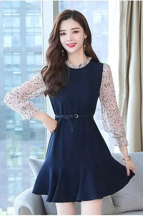 2018连衣裙女秋装新款修身打底碎花裙长袖立领拼接假两件裙