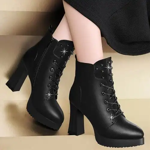 2017新款秋冬季高跟女士短靴真皮百搭粗跟皮鞋女鞋子英伦马丁靴女