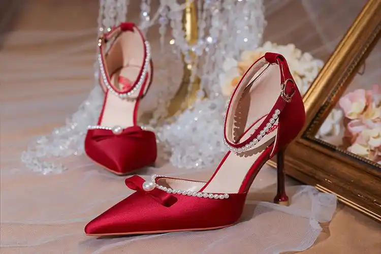bull2022年新款缎面新娘鞋一字扣高跟鞋女细跟蝴蝶结单鞋 酒红色4