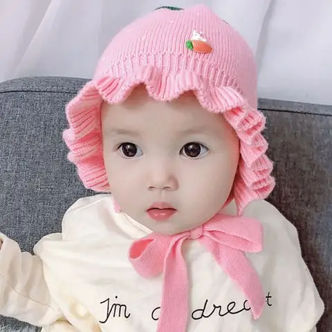 婴儿帽子秋冬女宝宝帽子加绒儿童毛线帽花边护耳可爱公主帽0-1岁