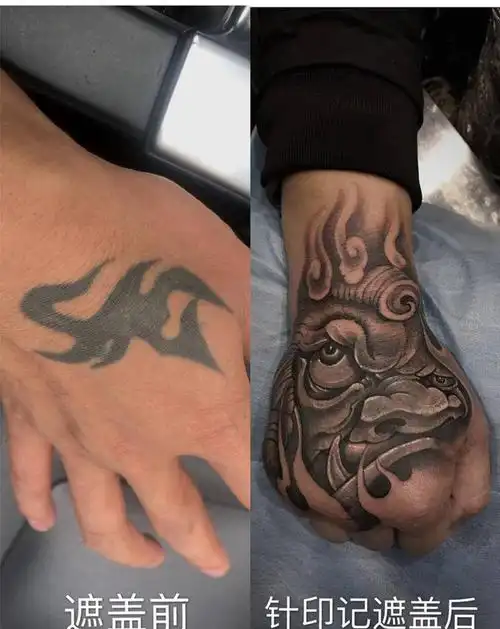 遮盖纹身图片_手部新传统手背唐狮纹身图案
