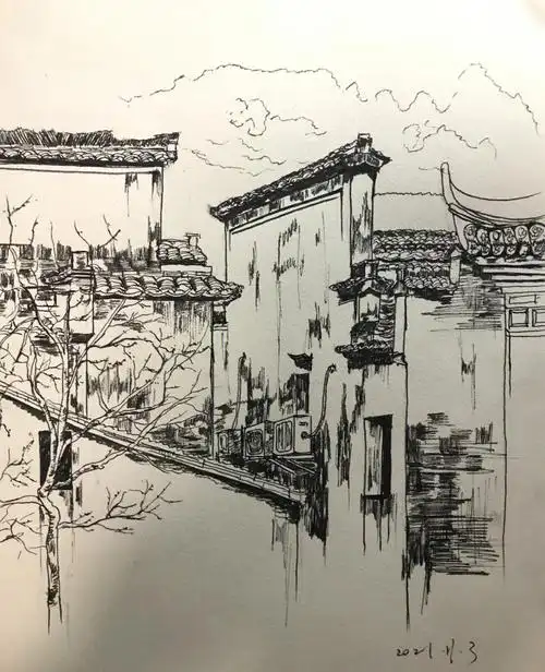 风景速写  感谢#手绘绘画-曹剑  的素材