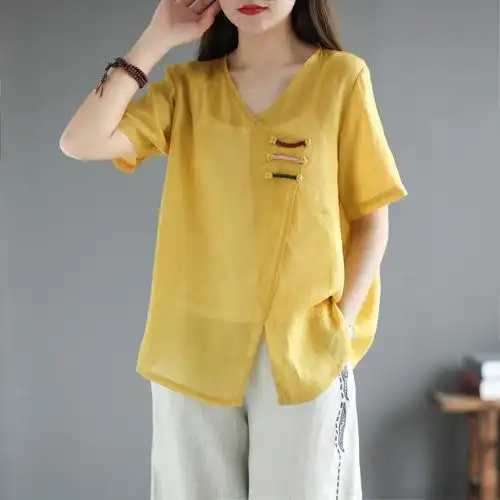 亚麻苎麻女装夏季宽松斜襟盘轻薄上衣棉麻衬衫衬衫