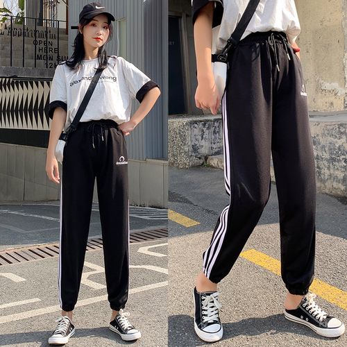 运动裤女夏学生韩版宽松束脚九分原宿bf风百搭直筒跑步休闲哈伦裤