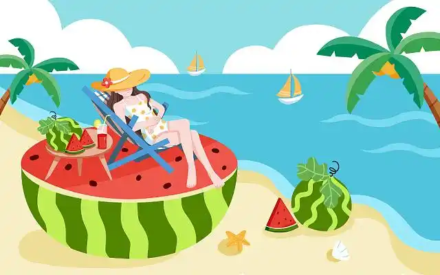 卡通西瓜插画夏天海边旅行jpg素材夏天夏日夏季