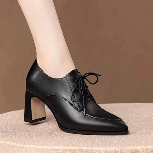 2024新款春秋女鞋女中跟深口单鞋真皮皮鞋尖头软皮粗跟高跟鞋春款