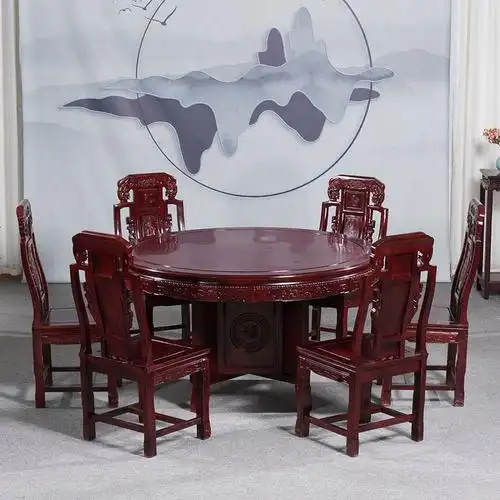 红木家具餐桌圆桌非洲酸枝木圆形餐桌全实木圆台餐桌椅组合 邮