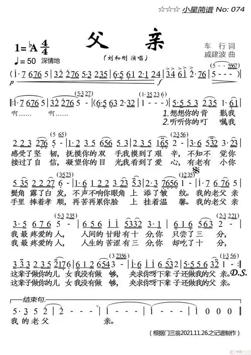 父亲简谱-刘和刚演唱-落红制作曲谱1