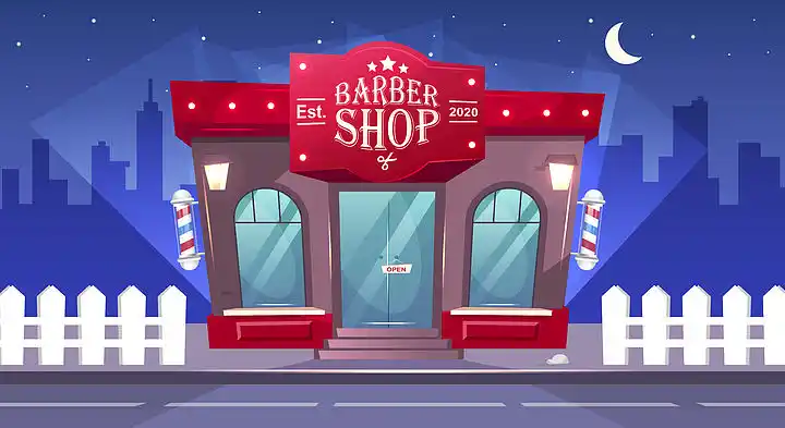 理发店前夜平面彩色矢量图解.美发店门口.理发店砖建筑外观.