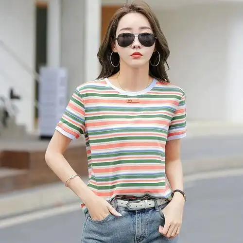 时尚彩色条纹短袖圆领百搭显瘦气质上衣ins学生t恤女新款夏季